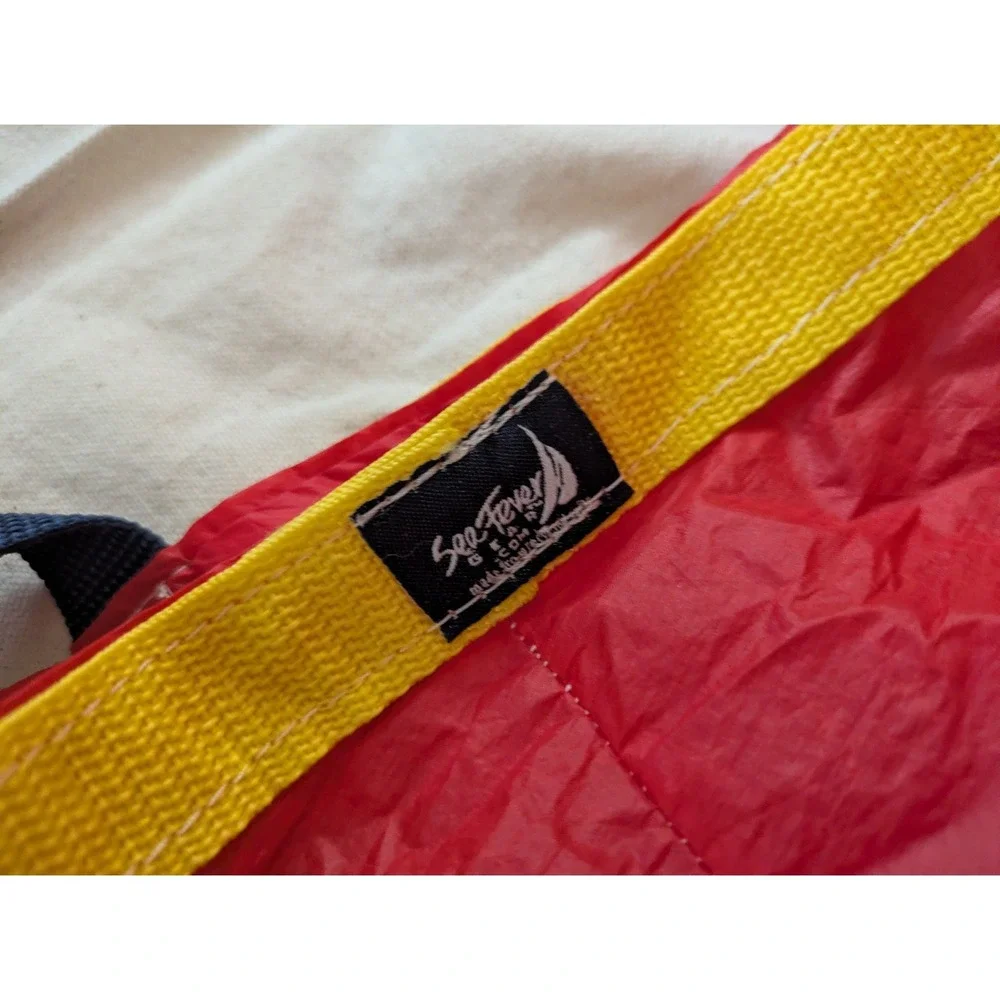 Sea Fever Gear Red Ripstop Nylon Tote Bag Yellow Trim Navy Handles Beach Travel